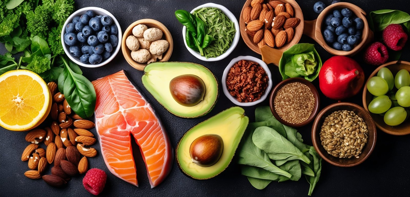 Variedade de alimentos saudáveis como salmão, vegetais, abacate e frutas roxas representando nutrição personalizada