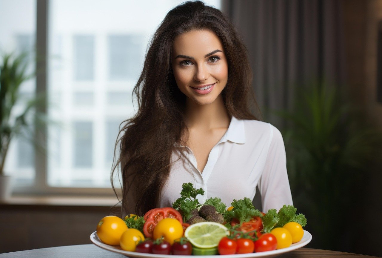 Mulher segurando prato com alimentos saudáveis em refeição equilibrada
