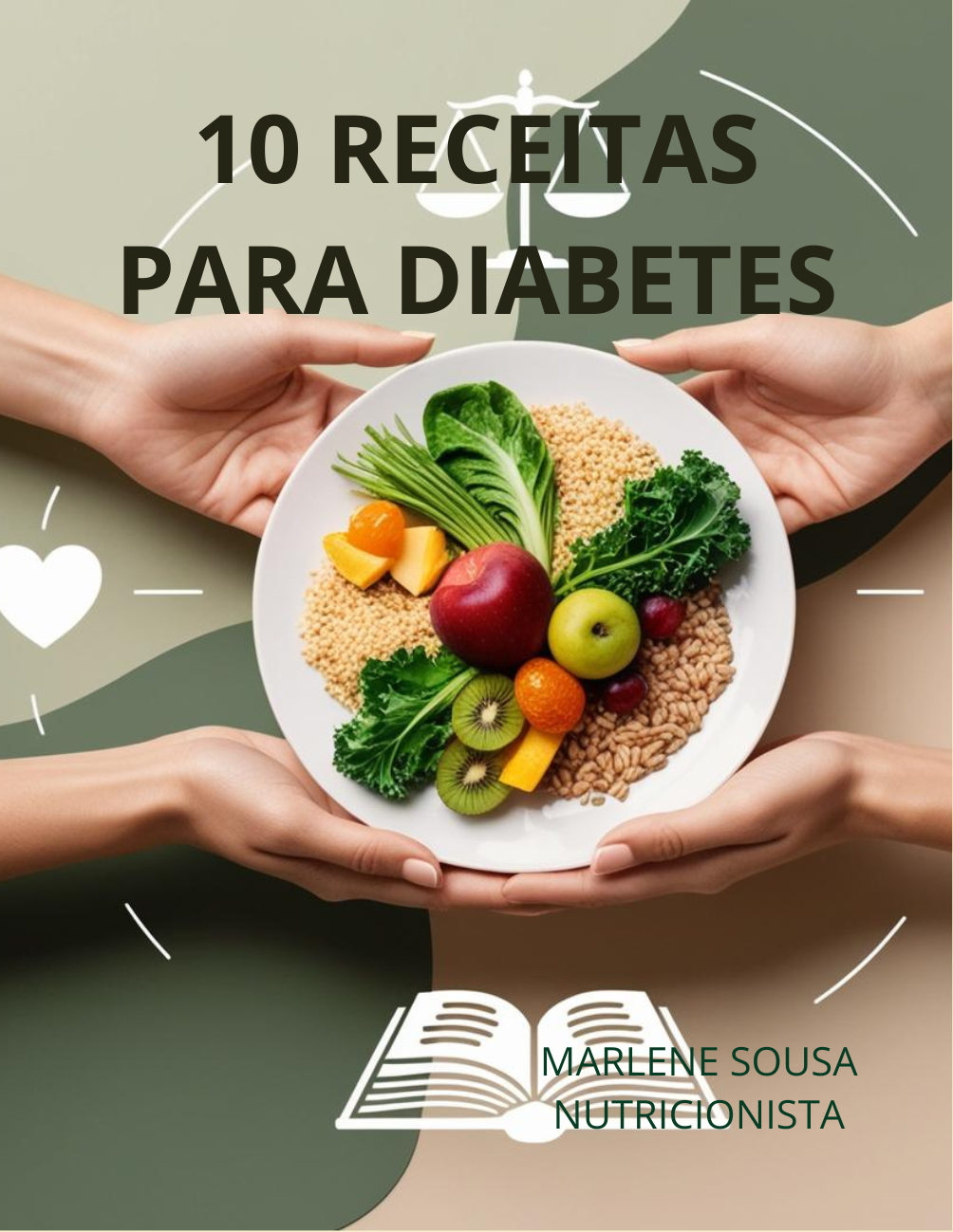 Prato de alimentação saudável sendo segurado por duas pessoas com ícones de saúde ao redor”