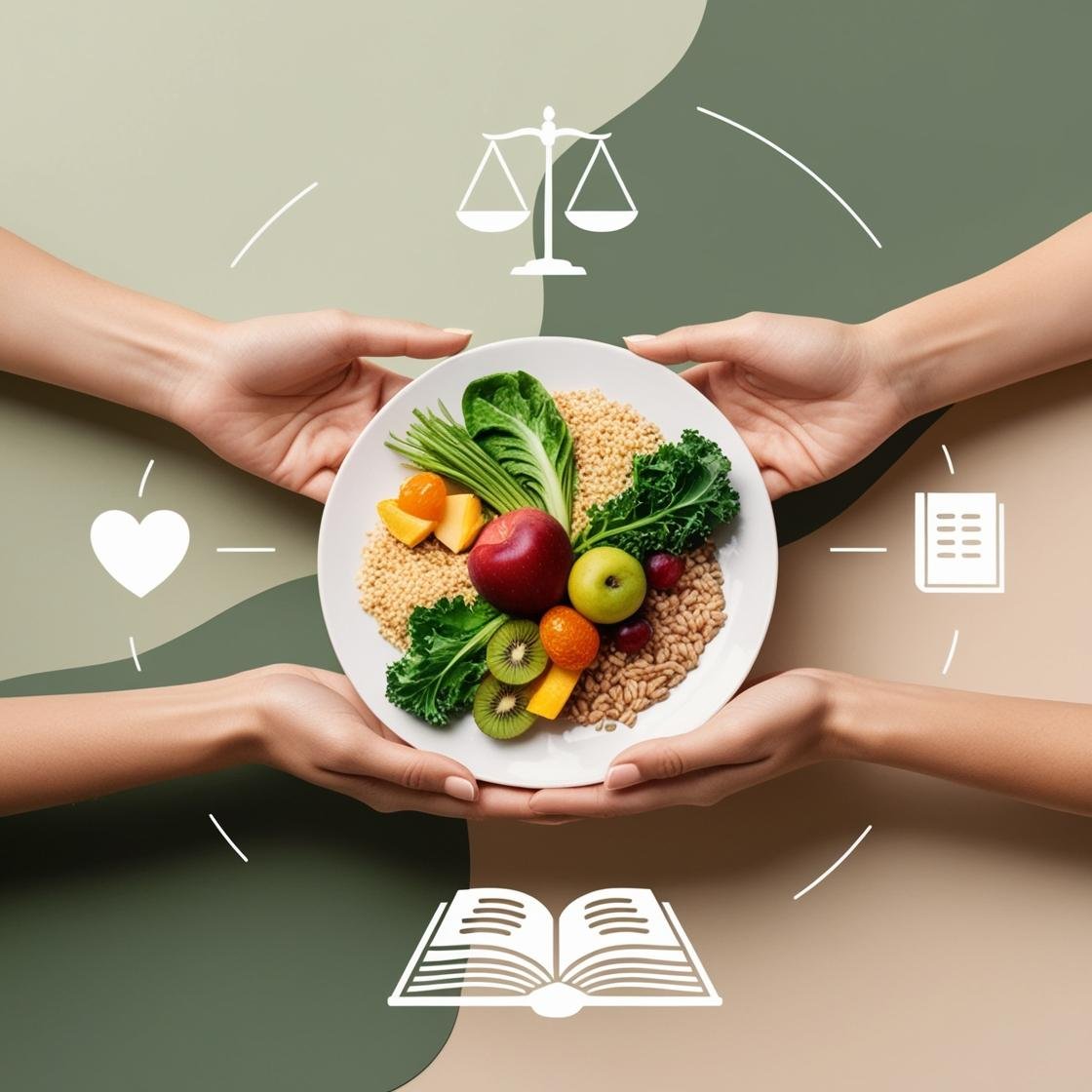 Prato saudável sendo segurado por duas pessoas, representando equilíbrio na alimentação e nutrição clínica