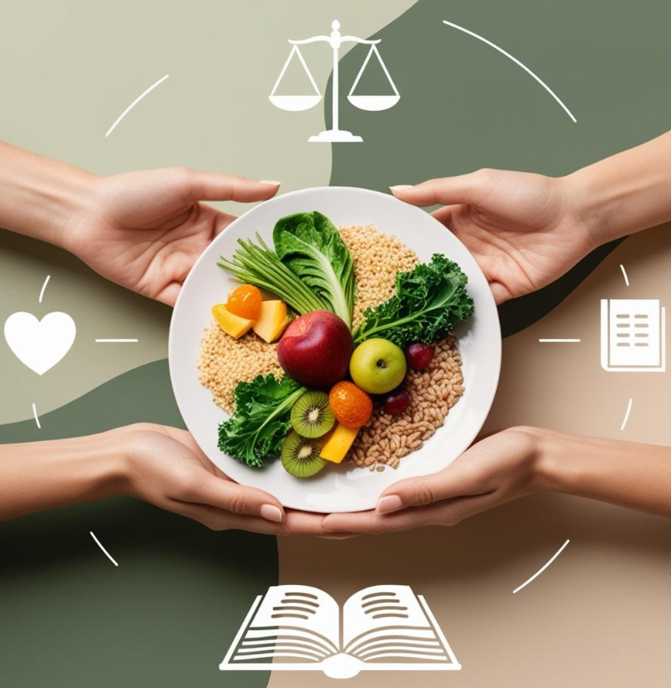 Prato saudável sendo segurado por duas pessoas, representando equilíbrio na alimentação e nutrição clínica