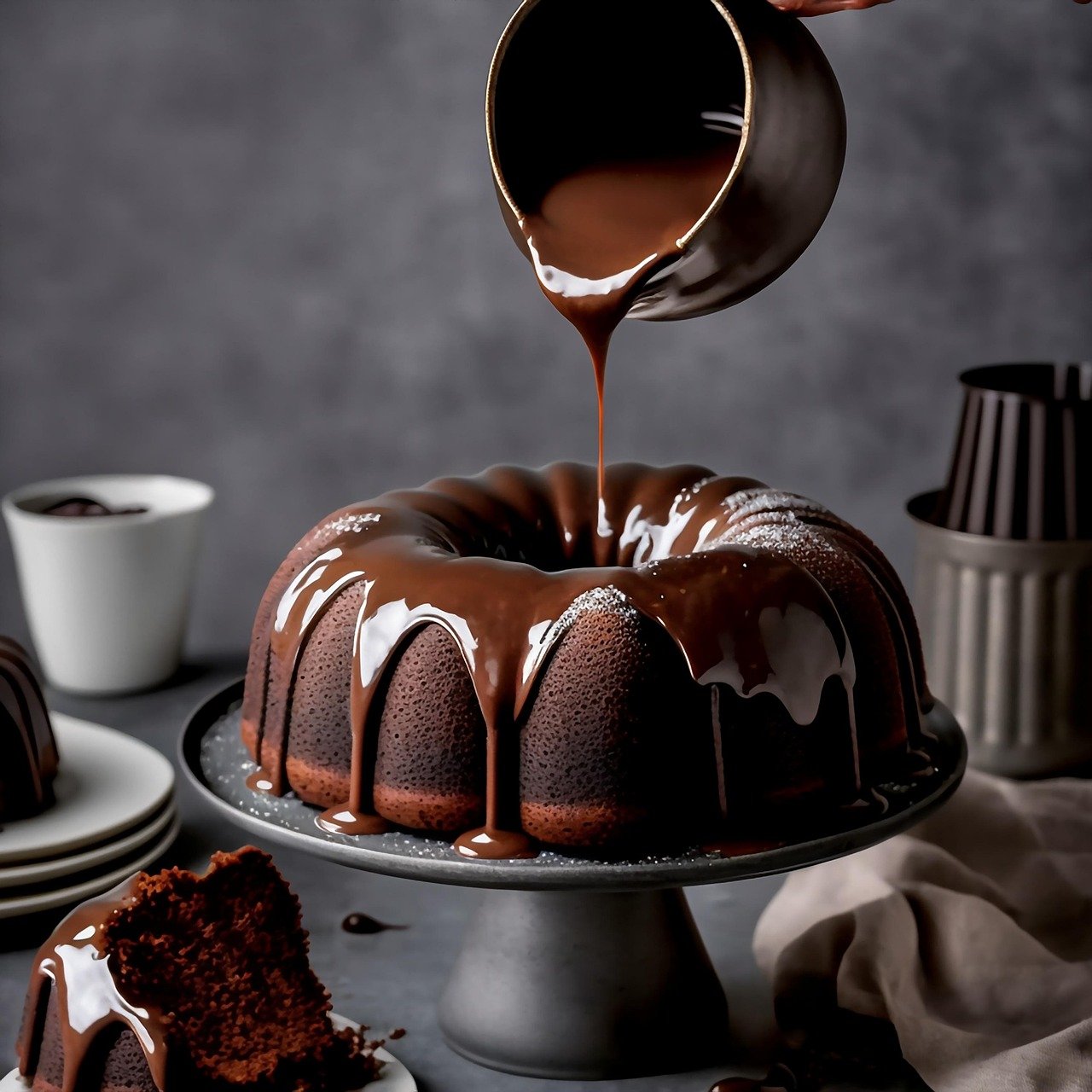 “Bolo de chocolate sem glúten com calda de chocolate servido em boleira