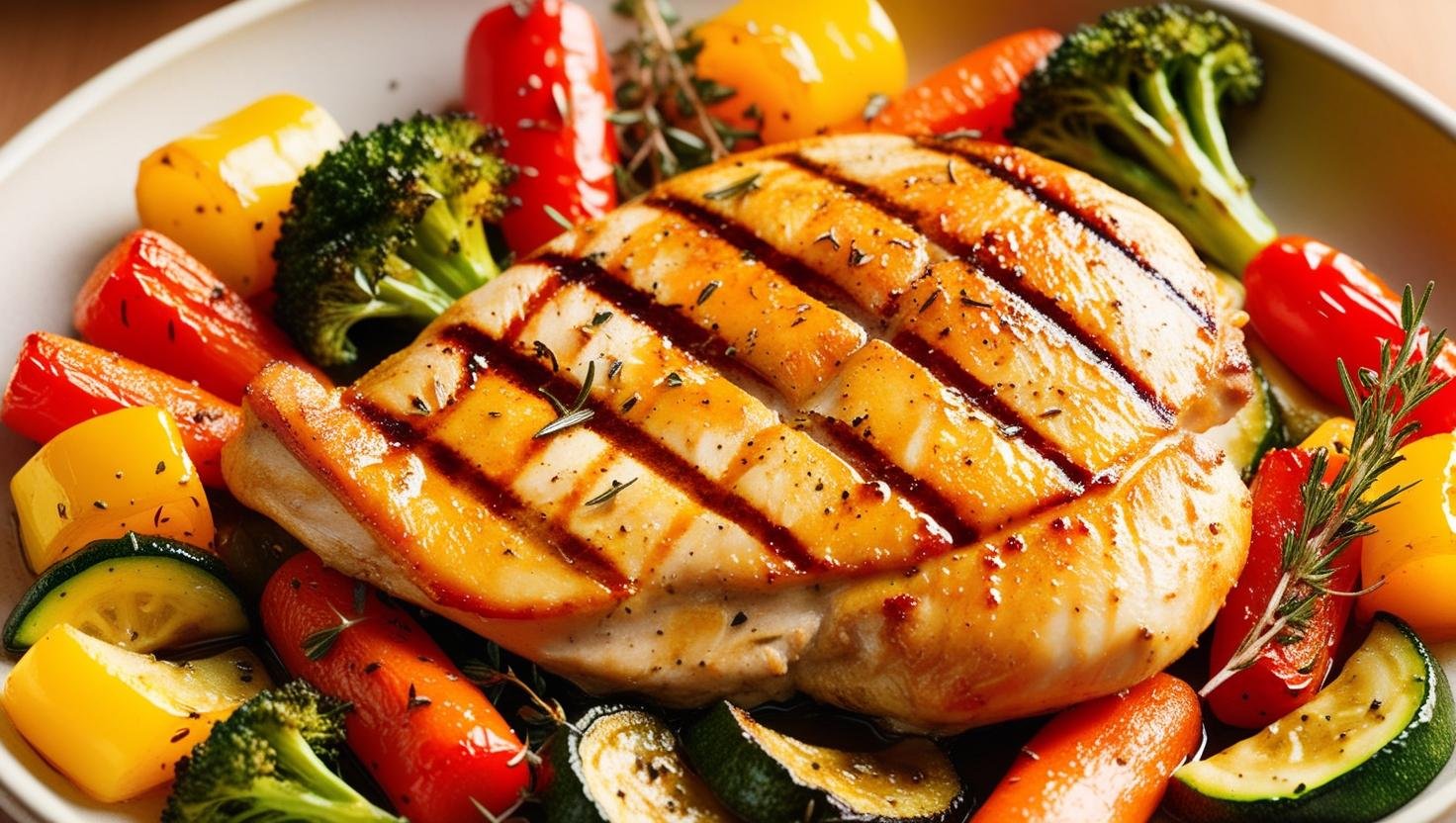 Peito de frango grelhado servido com legumes como brócolis, cenoura e abobrinha