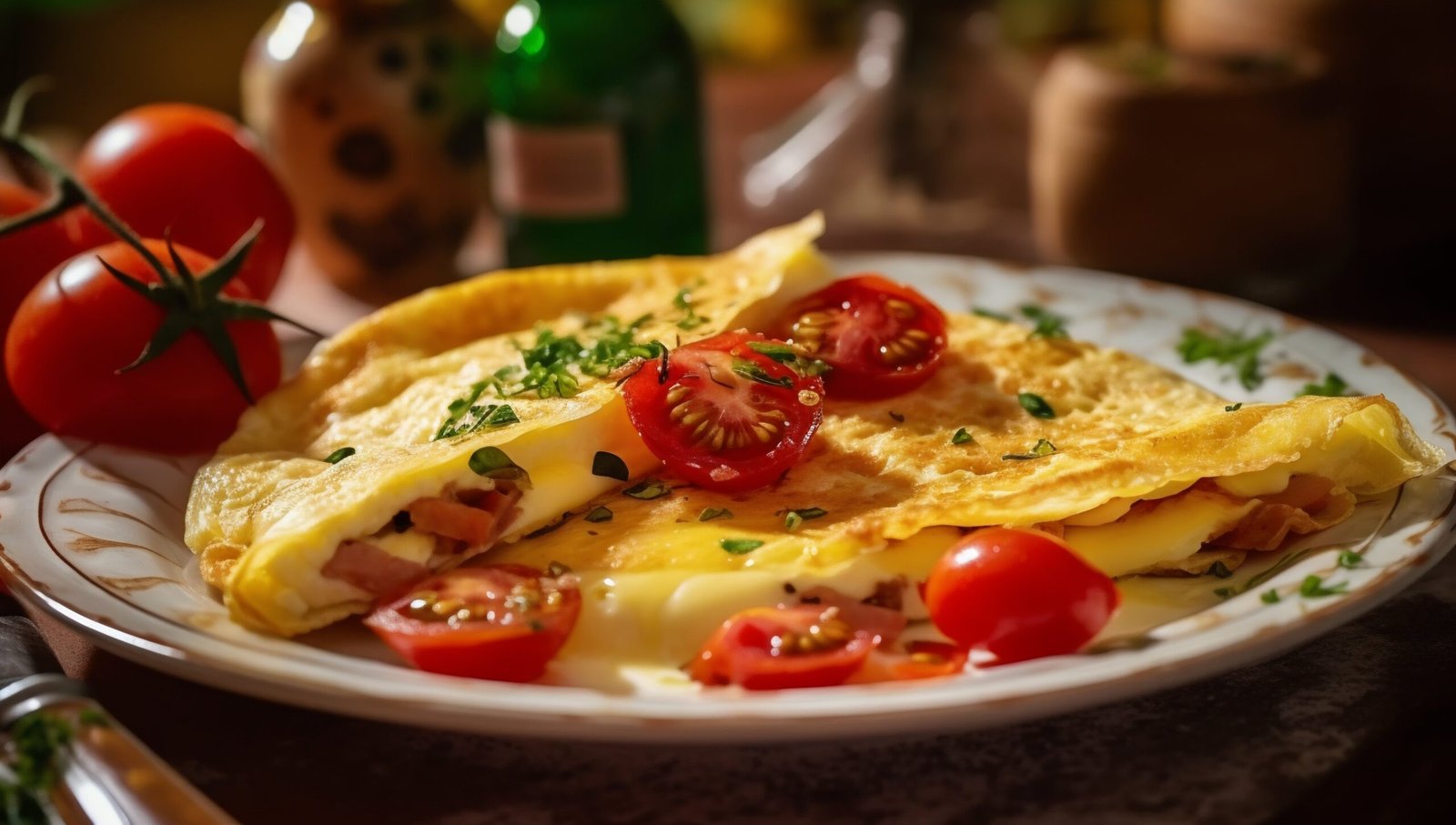 Omelete com queijo e tomate cereja servido em prato redondo
