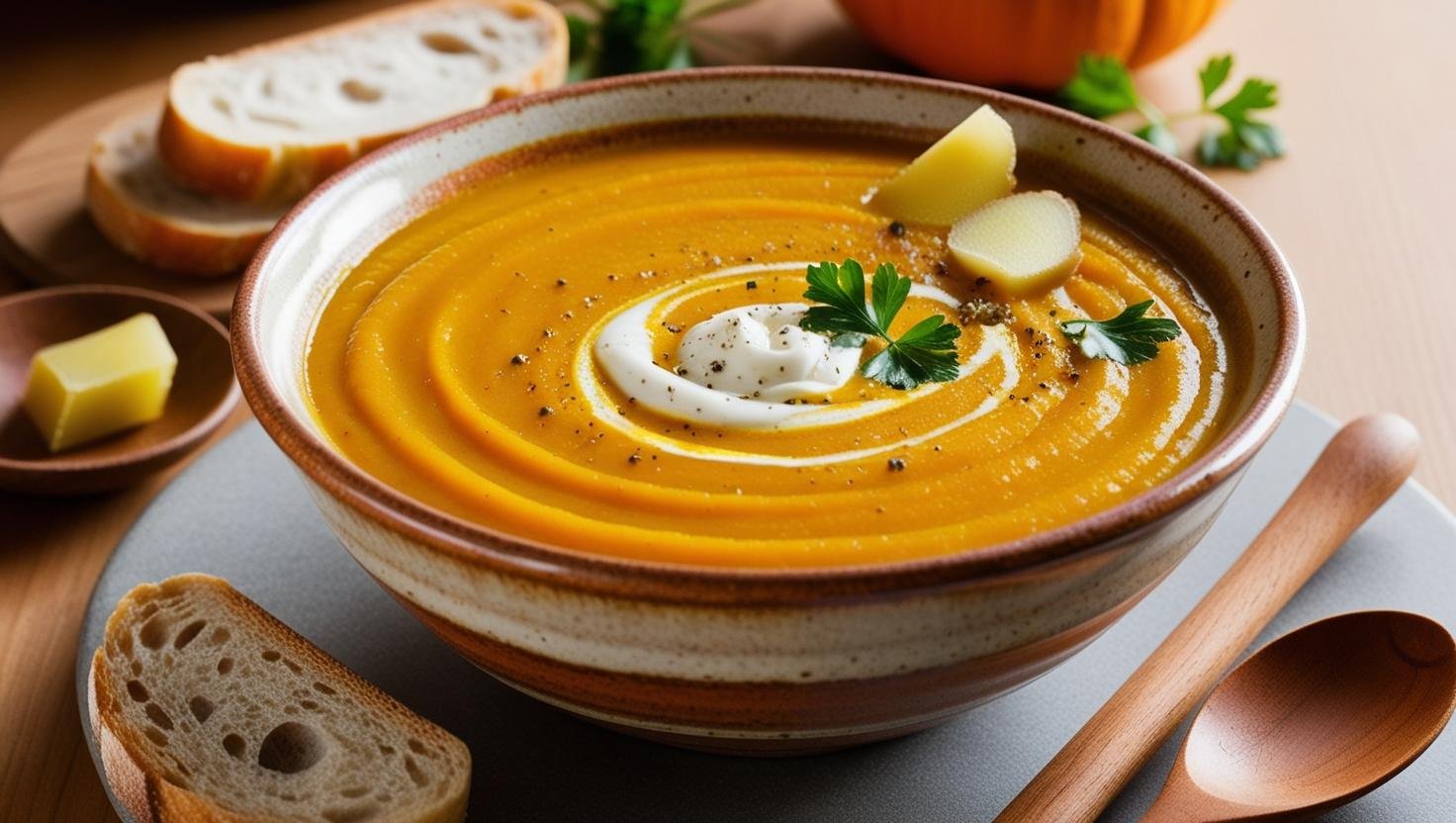 Sopa de abóbora cremosa com gengibre servida em prato fundo com pão ao lado
