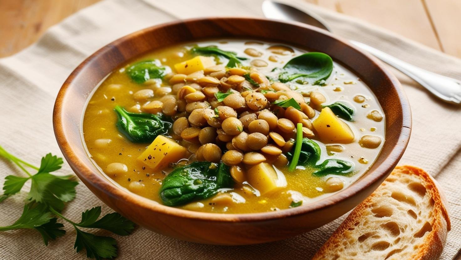Sopa de lentilha com espinafre servida em prato fundo